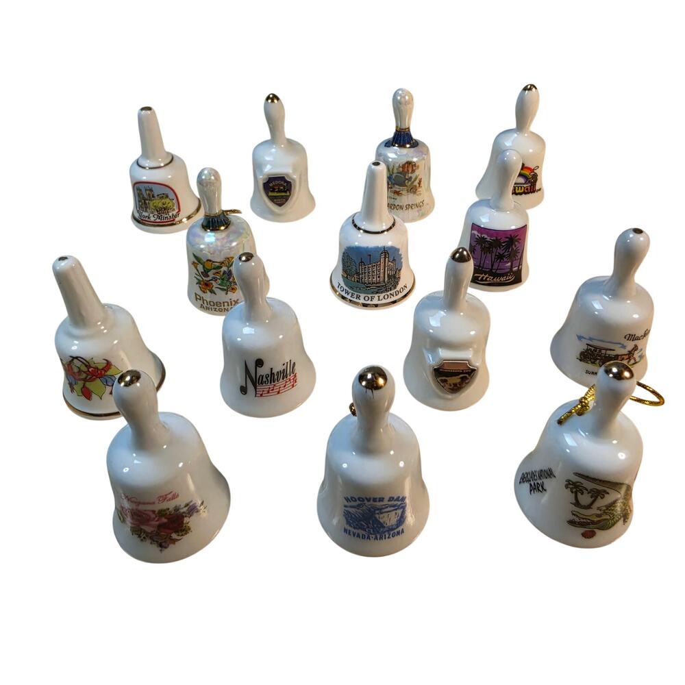 Lot of 14 Vintage Porcelain Ceramic Miniature US & UK State Souvenir Bells